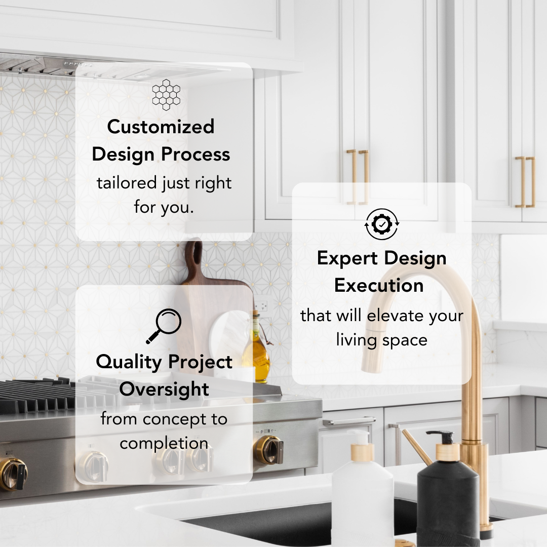 Modern kitchen design with gold fixtures and geometric backsplash, highlighting interior design services such as customized design process, expert design execution, and quality project oversight