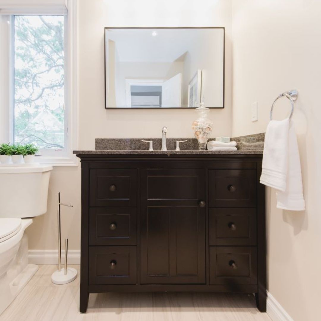 Stylish bathroom vanity with dark wood cabinets, granite countertop, and large framed mirror. Decorative plant adds a touch of greenery.